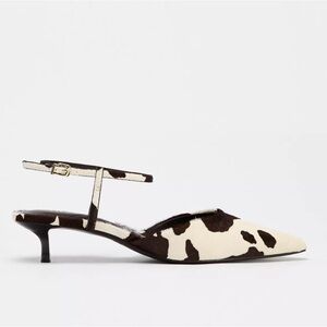 Zara Fur Trimmed Leather Slingback Kitten Heels